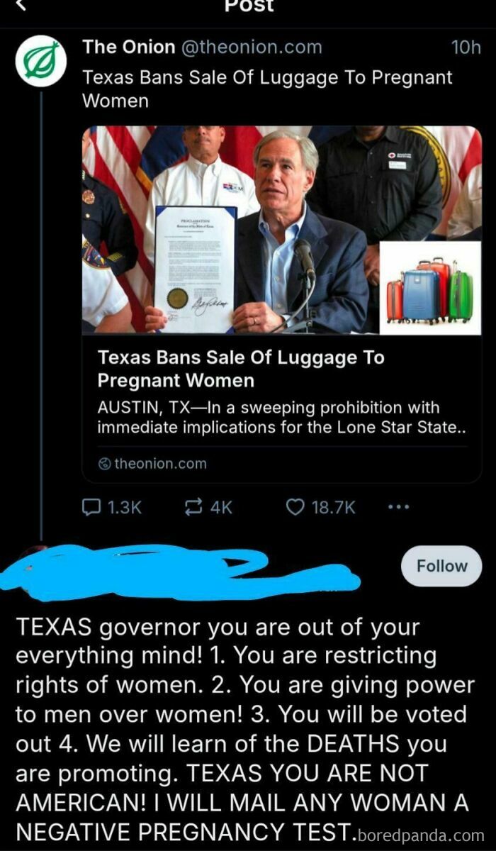 Satirical news headline about Texas banning luggage sales to pregnant women sparks reaction.