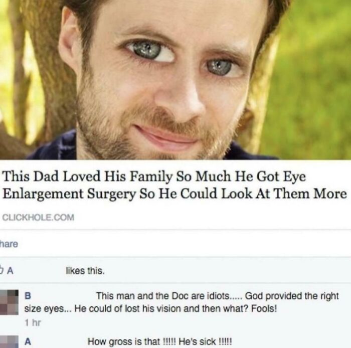 A satirical headline about eye enlargement surgery with humorous reactions in comments below.