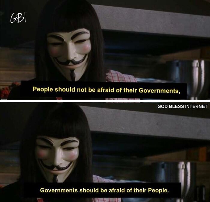 Masked figure with text overlay about governments and people, labeled "God Bless Internet."