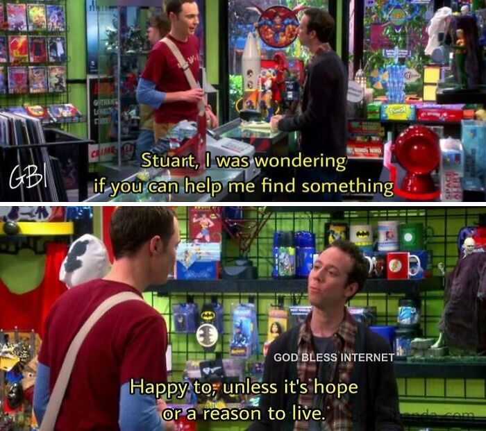 Two characters in a comic store exchanging humorous dialogue. Text overlay includes "God Bless Internet."