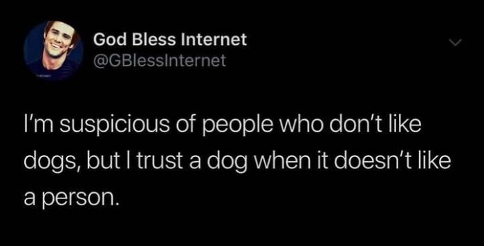 Funny meme about trusting dogs, from "God Bless Internet." Text highlights trust issues with people who dislike dogs.
