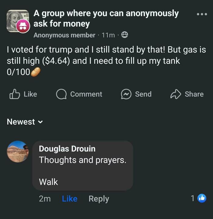 Anonymous post about gas prices and political stance sparks facepalm response in a group chat.