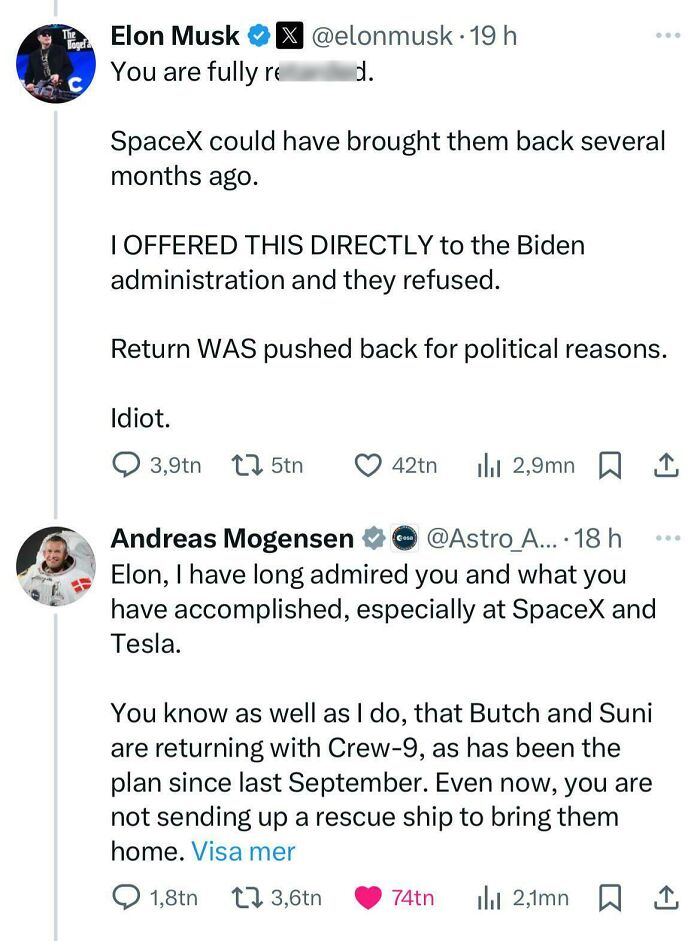 Tweets by public figures discussing SpaceX crew's return delay for political reasons.