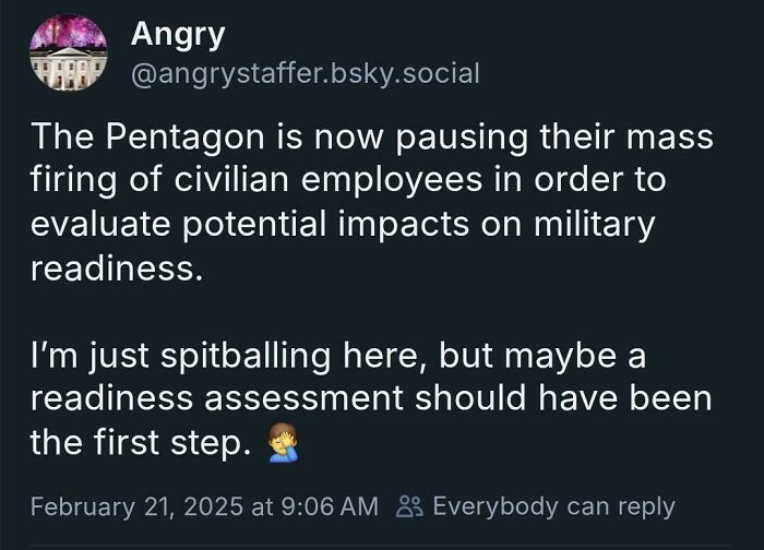 Social media post highlighting a facepalm moment about military readiness and civilian employee evaluations.