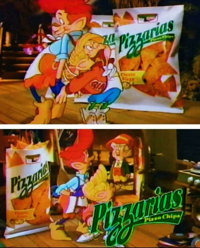Cartoon elves with '90s Pizzarias chips, evoking nostalgia for the amazing '90s era snacks.