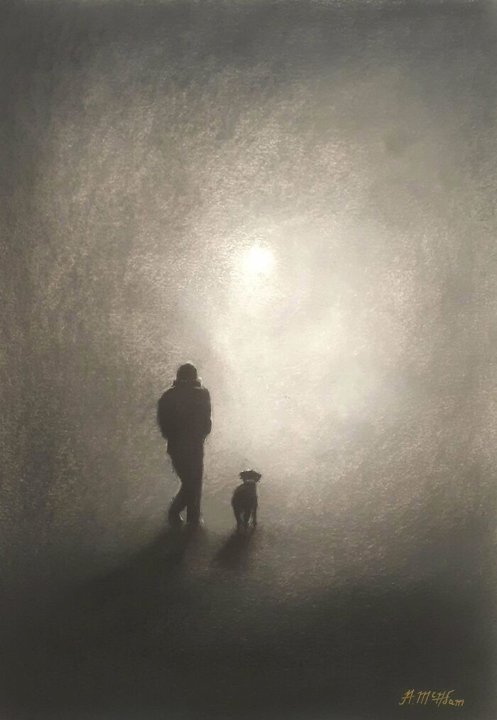 Silhouette of person and dog walking in mist, evoking DIY project inspiration.