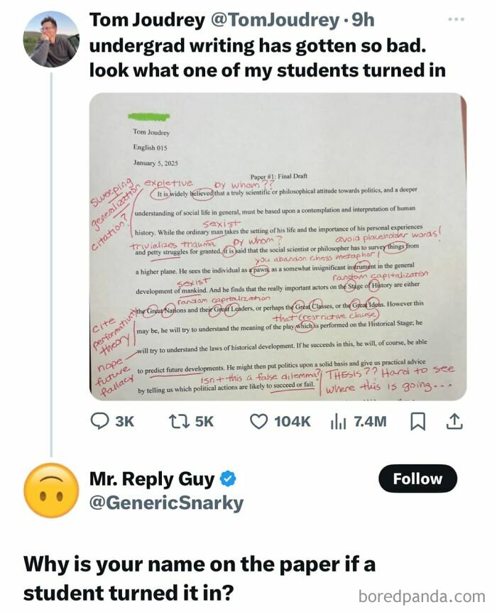 Tweet with a photo of a marked-up student paper and a humorous reply questioning whose paper it is.