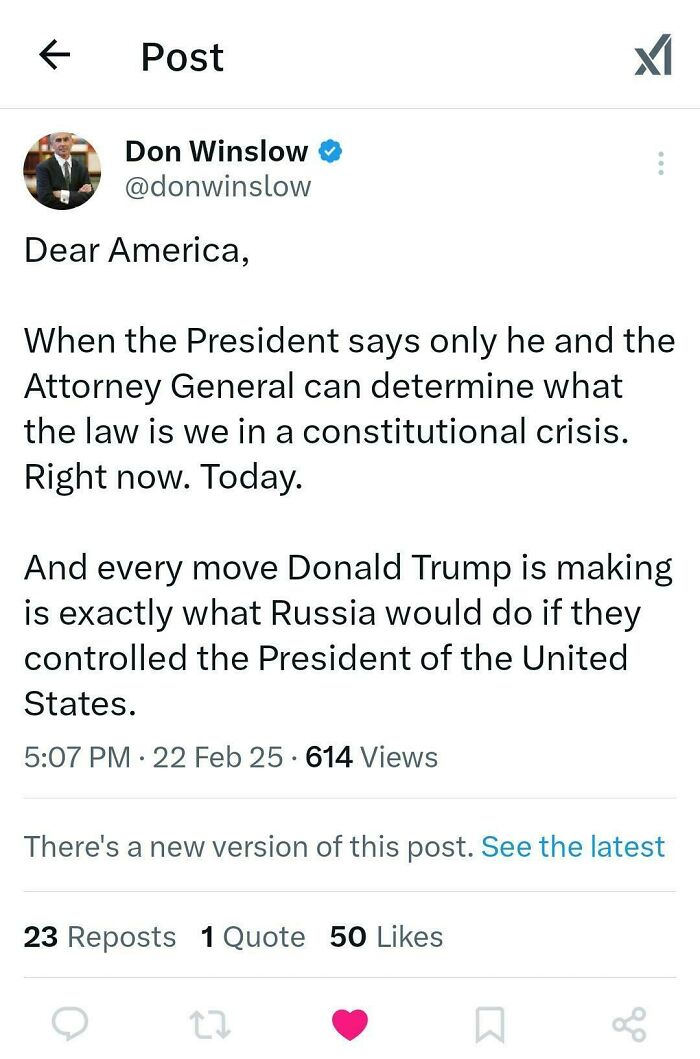 Tweet by Don Winslow expressing courage discussing constitutional crisis and presidential actions with high engagement.