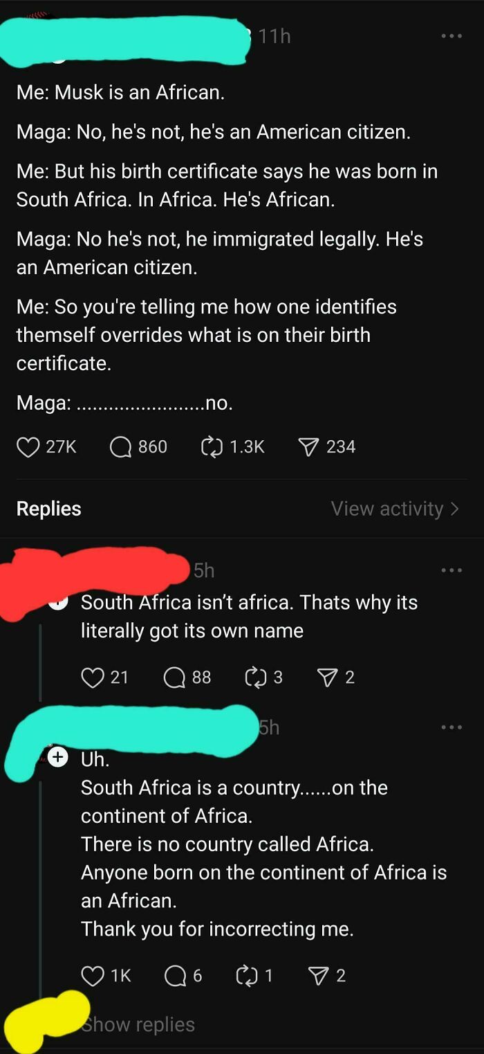 Online discussion roasting confidently incorrect individuals on citizenship and African identity in a social media post.
