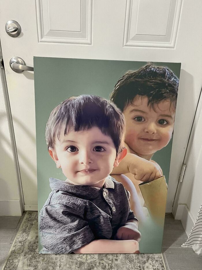 Portrait photo of two young boys printed on canvas, showcasing wholesome parenting moments of dads with children.
