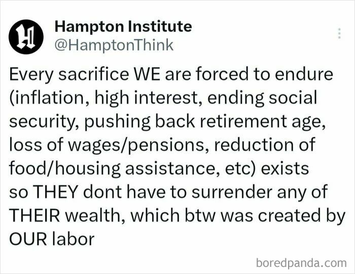 Tweet by Hampton Institute criticizing sacrifices imposed on workers to protect wealth, highlighting anti-capitalism sentiment.