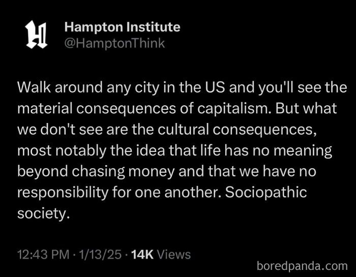 Anti-capitalism post by Hampton Institute on societal consequences and lack of responsibility in modern capitalism.