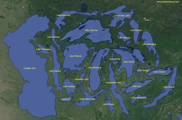 Map showing interesting charts of the world's largest lakes labeled on a green landscape background.