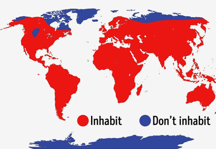 World map chart showing inhabited (red) and uninhabited (blue) areas.