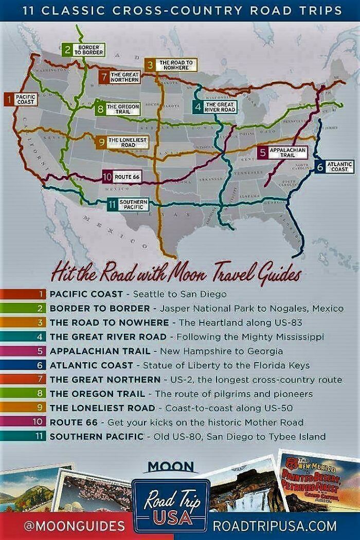 Map of 11 classic cross-country road trips in the USA from Pacific Coast to Southern Pacific.