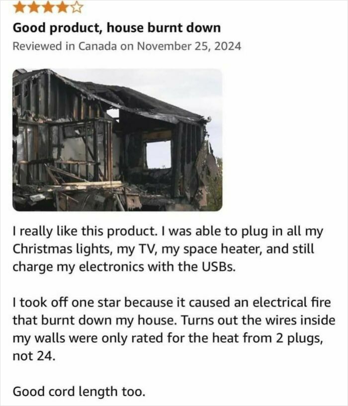 Burnt house with a humorous review, highlighting men's humor in product ratings.