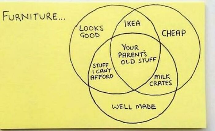Venn diagram humorously summarizing furniture choices: IKEA, cheap, well-made, looks good, parents' old stuff, milk crates.