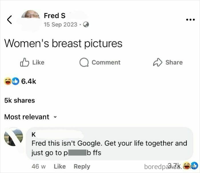 Boomers social media fails: Mistaken post searching for inappropriate content with humorous comment reply.