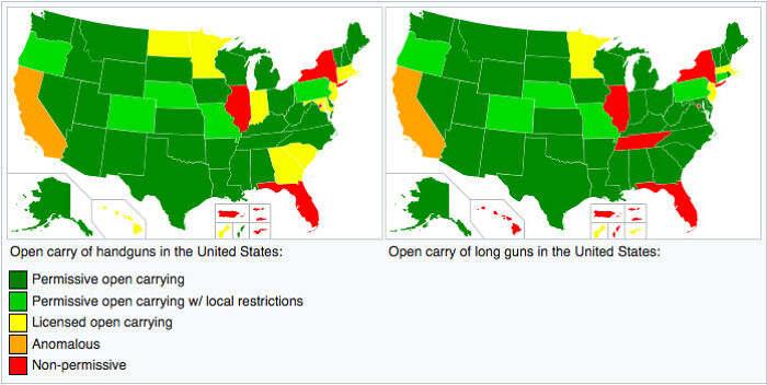 Maps showing U.S. open carry laws for handguns and long guns in various states with color-coded permissive levels.