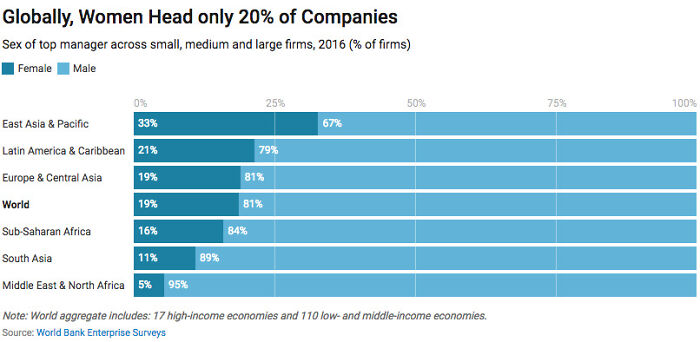 Chart showing percentages of female and male top managers globally in 2016, highlighting only 20% female leadership.