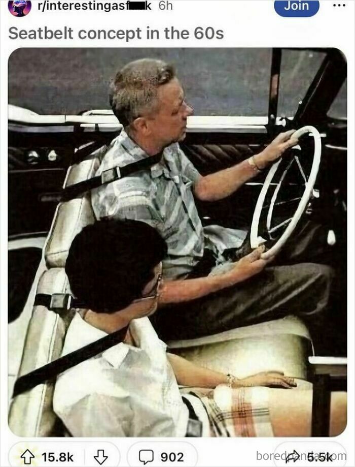 Vintage 60s car with driver and passenger using a humorous seatbelt concept, reflecting satirical news headlines.