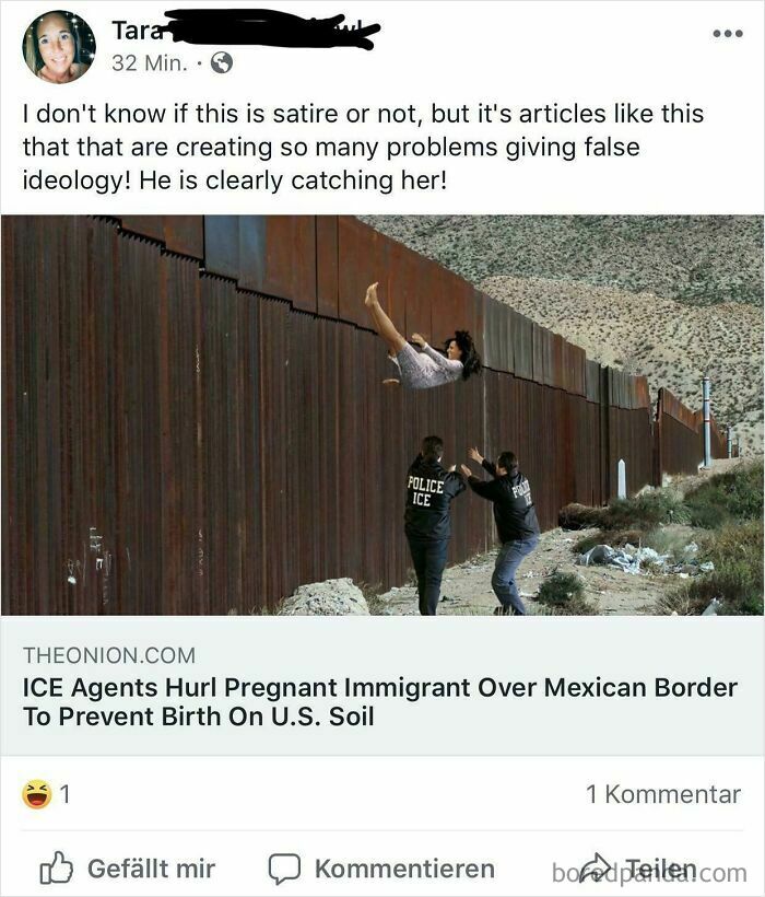 Image of a satirical post from The Onion about ICE agents at the border, commented on by a user questioning its authenticity.
