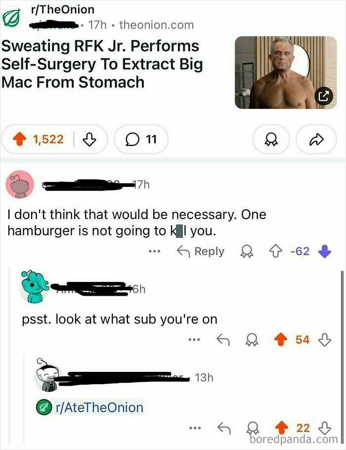 Reddit post where a user falls for a satirical news headline by The Onion about self-surgery.