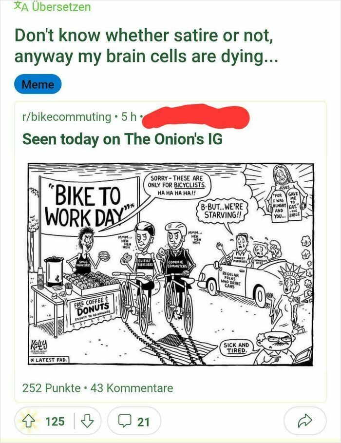 Satirical cartoon depicts "Bike to Work Day" with bicyclists and a "free coffee & donuts" stand, highlighting satirical news.