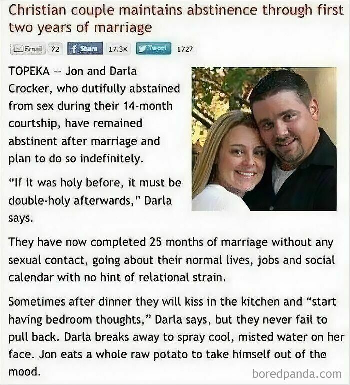 Couple smiling beside satirical news headline about maintaining abstinence in marriage, showcasing Onion-style satire.