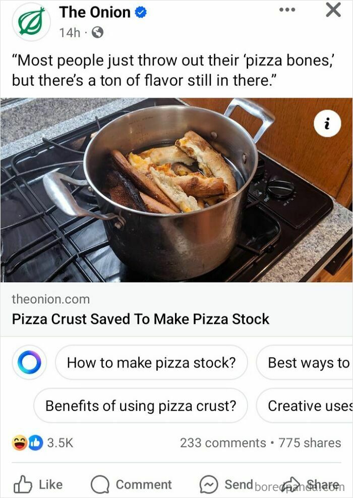 Pizza crusts in a pot on a stove, humorously suggesting making stock, illustrating people falling for satirical headlines.