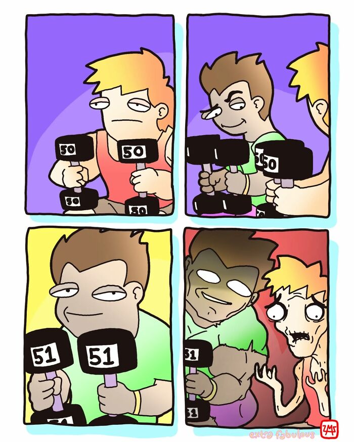 Two characters humorously lifting weights labeled 50 and 51, showcasing the absurdity of random life moments in a comic.