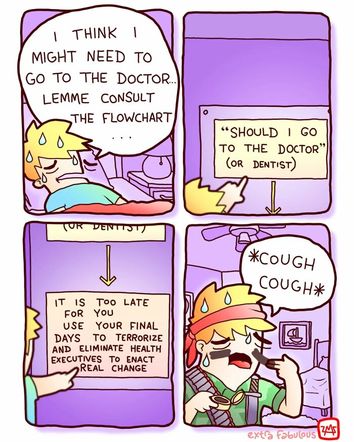 Comic poking fun at life's randomness; person consulting a sarcastic flowchart about visiting the doctor.