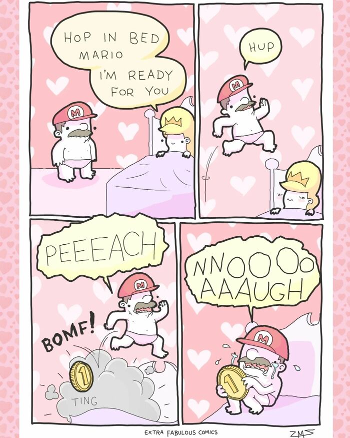 Comic with a humorous twist on life’s randomness featuring a funny Mario scenario in Extra Fabulous Comics style.