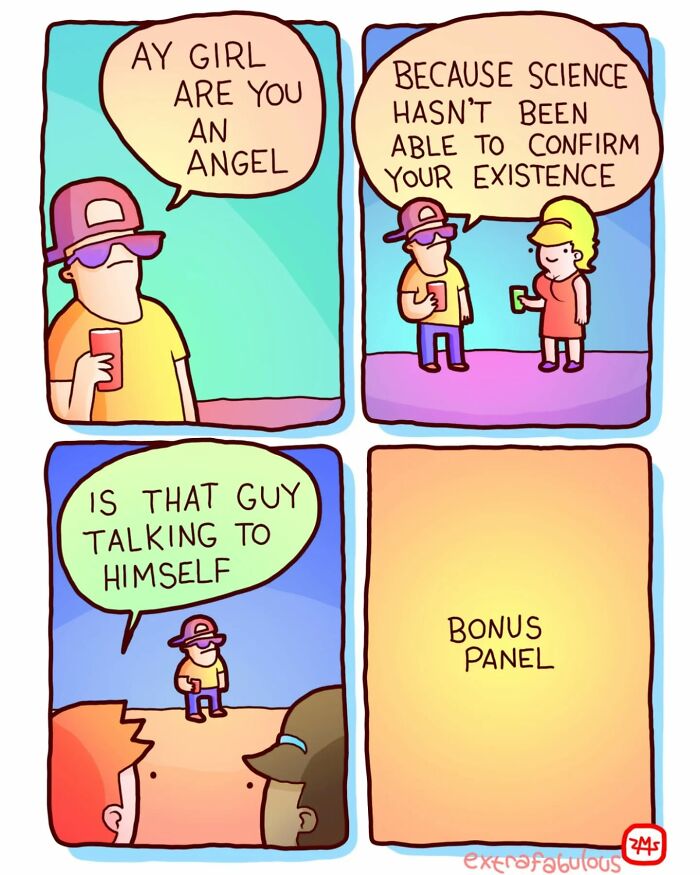 Comic strip humorously depicting random life stupidity with a man talking to himself and a "bonus panel".