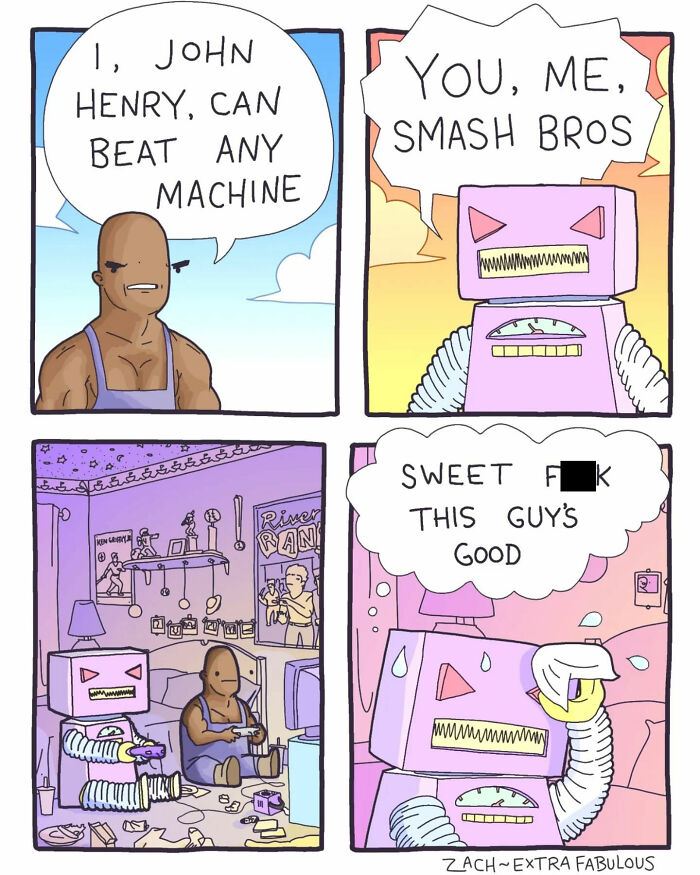 Comic strip with humor showing John Henry and a robot playing video games, poking fun at everyday absurdity.