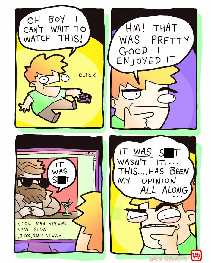 Comic strip humorously mocks opinions on random show reviews.
