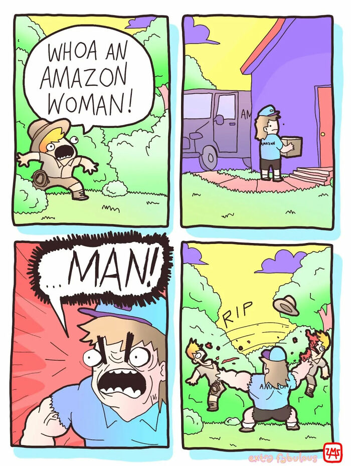 Comic strip humorously depicting a delivery person with exaggerated strength surprising an adventurer character.