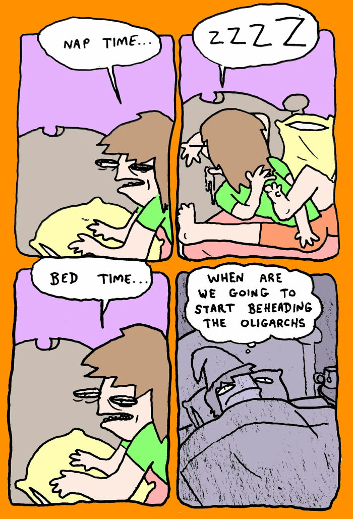 Comic strip humorously highlights random life stupidity; character struggles with bedtime thoughts and naps.