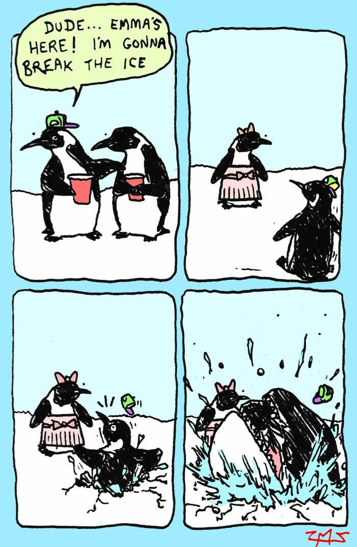 Comic of penguins humorously breaking the ice with random antics.