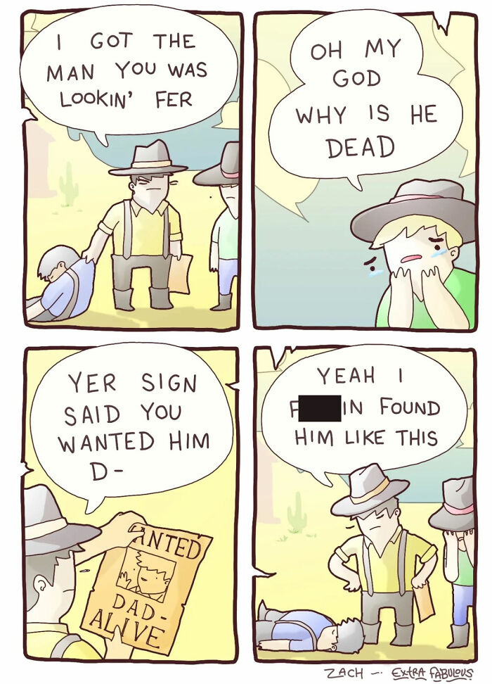 Comic scene depicting a misunderstanding over a wanted poster, from "Extra Fabulous Comics" series.