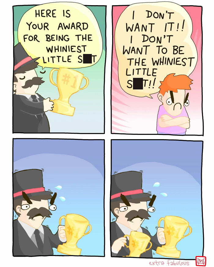 Cartoon character presenting a trophy for being the whiniest, depicting humor in life's randomness.