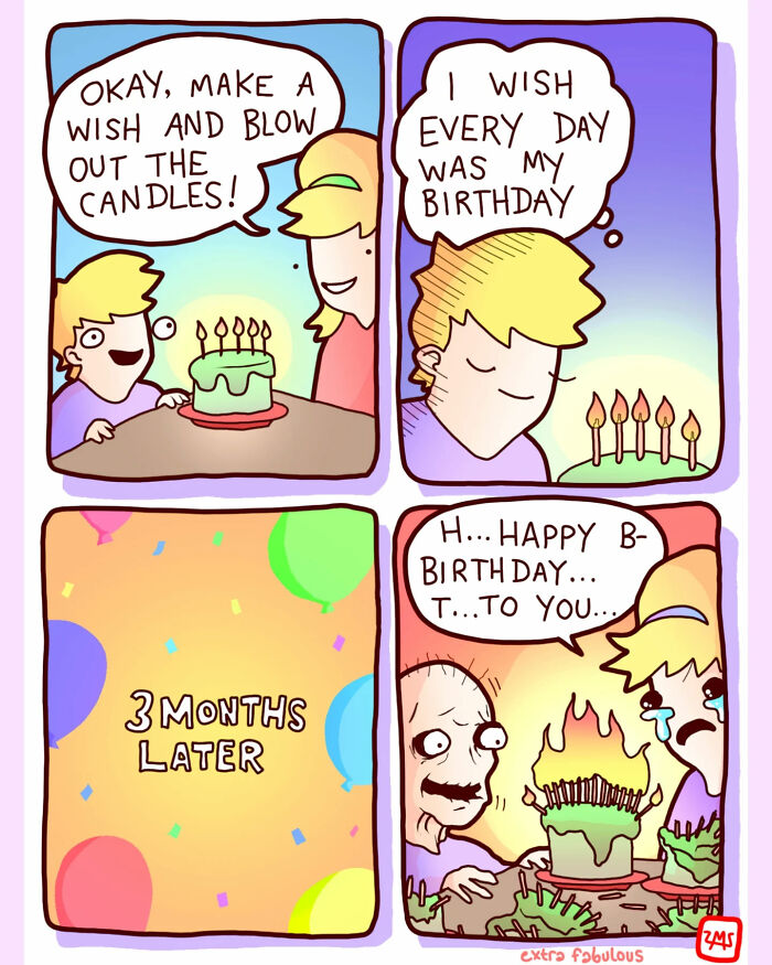 Comic humorously depicting a wish for every day to be a birthday, resulting in chaos three months later.