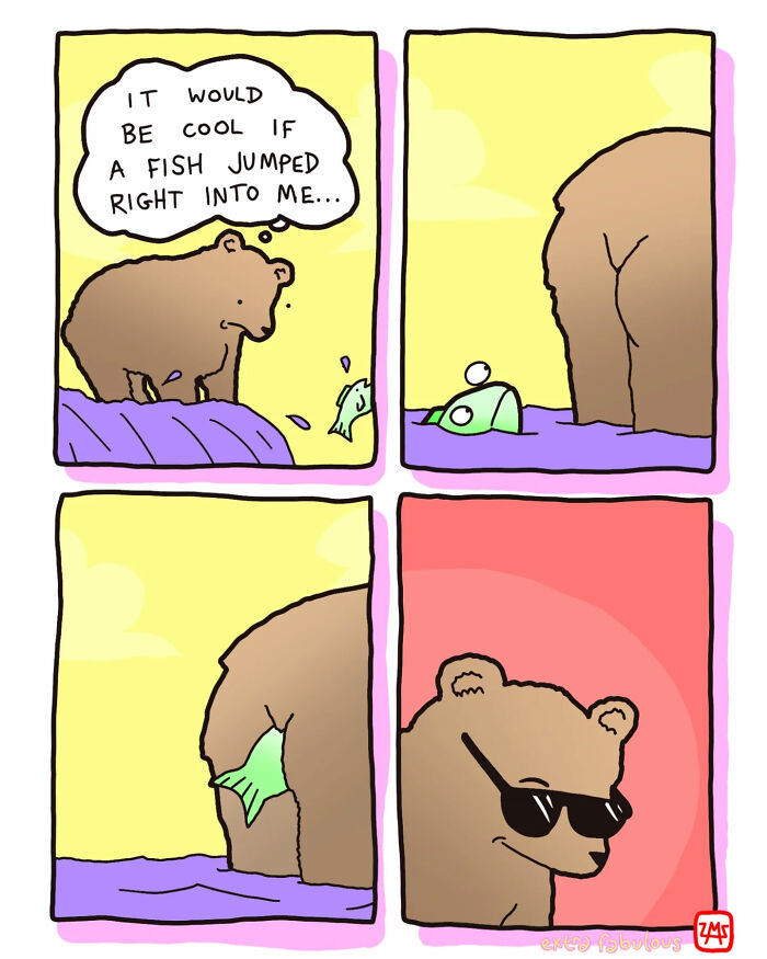 Comic of a bear wishing for a fish to jump in, ending humorously with sunglasses. Extra Fabulous Comics.