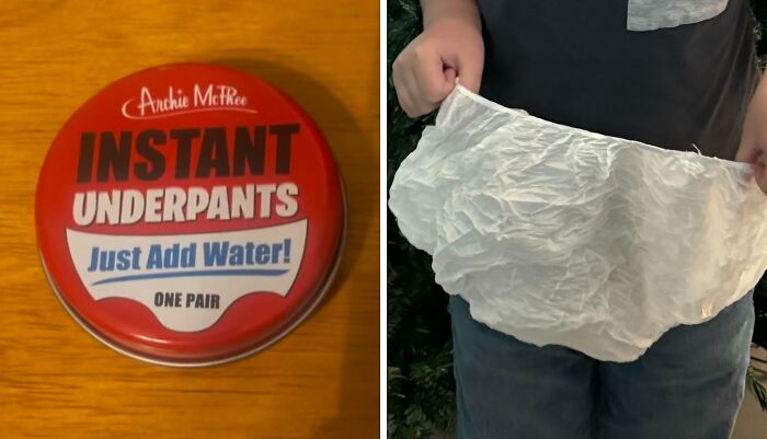 Archie Mcphee item: Instant Underpants tin and expanded underpants held by a person.