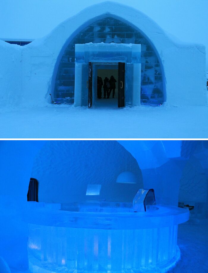 Ice hotel entrance and bar showcasing unique tourist experiences.