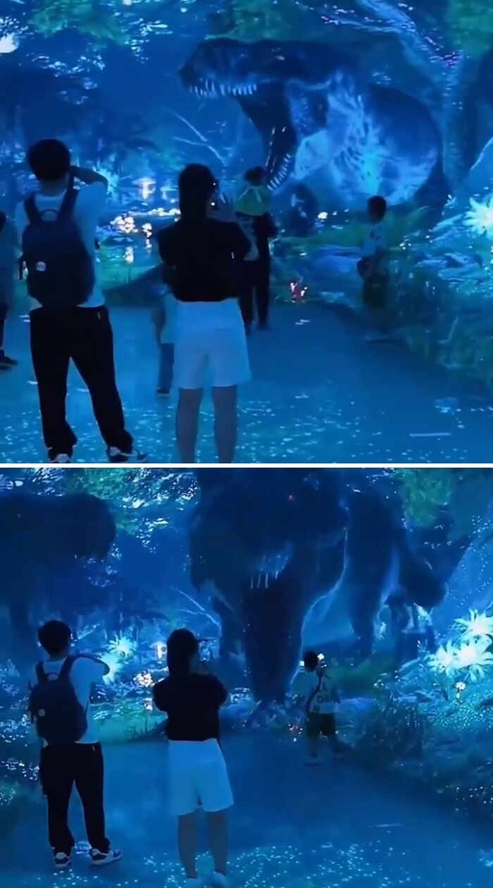 Tourists immersed in a digital dinosaur experience, showcasing interesting tourist attractions.
