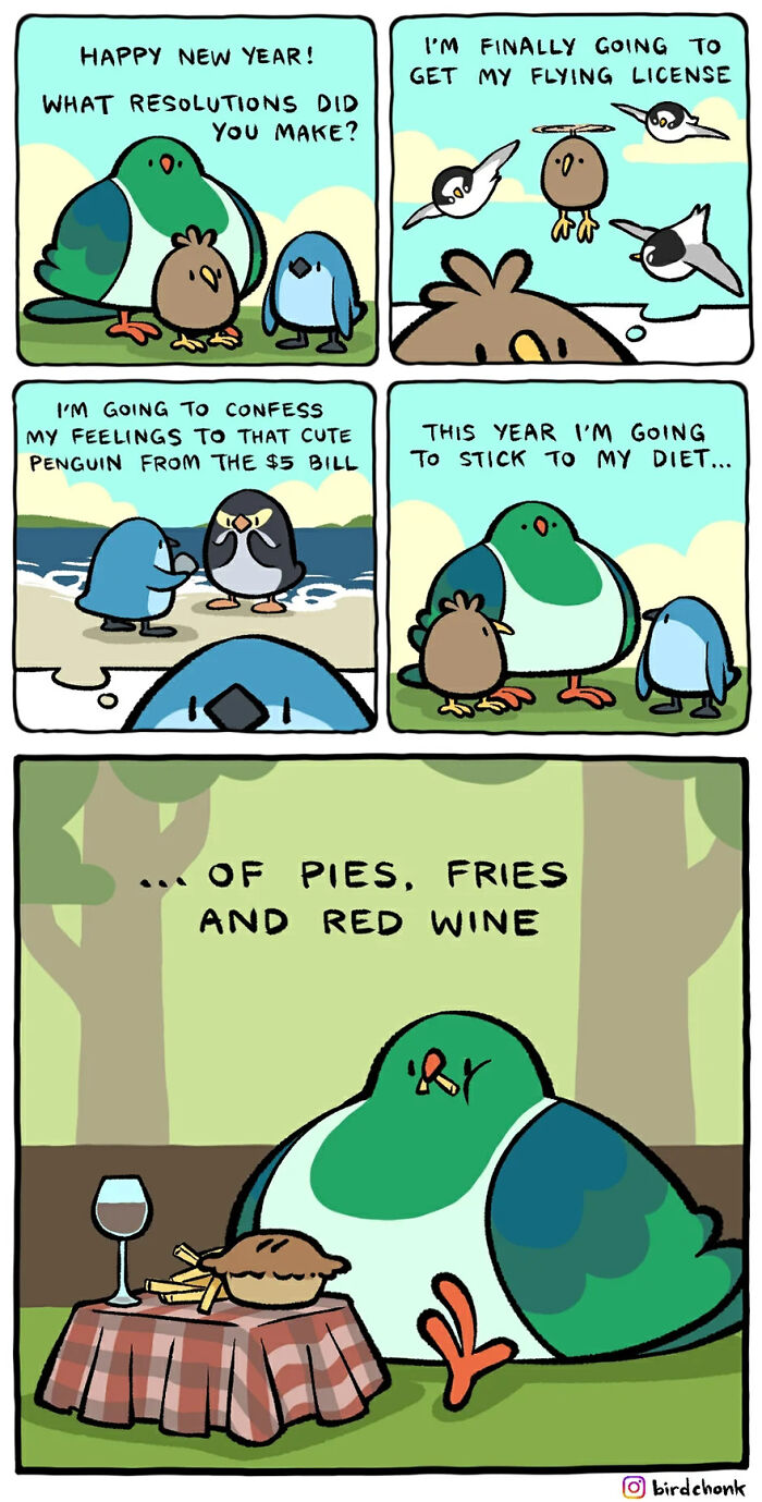 Birds with reversed roles discussing New Year’s resolutions in a comic by Birdchonk.