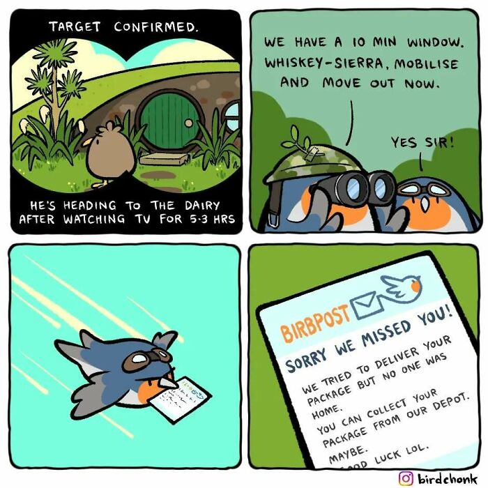 Comic strip with birds in reversed roles, featuring a bird on a mission, ending with a delivery notice from "BIRBPOST."