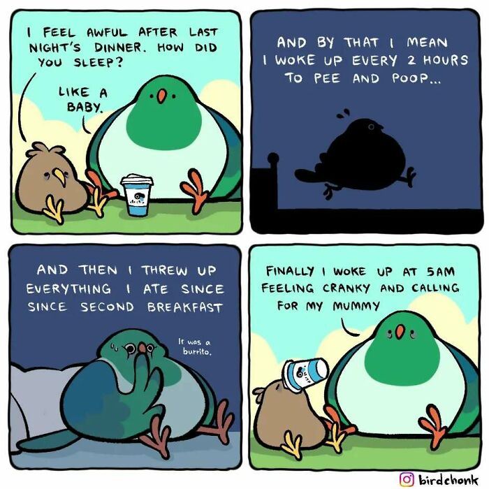 Birds in a comic depict hilariously relatable reversed roles; one bird humorously recounts a restless night.