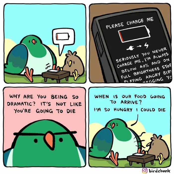 Birds in a comic by Birdchonk humorously converse over their phone's battery life and hunger.